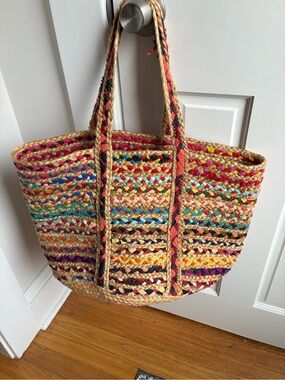 Handwoven Multicolor Jute Tote Bag - Vibrant Striped Beach Tote